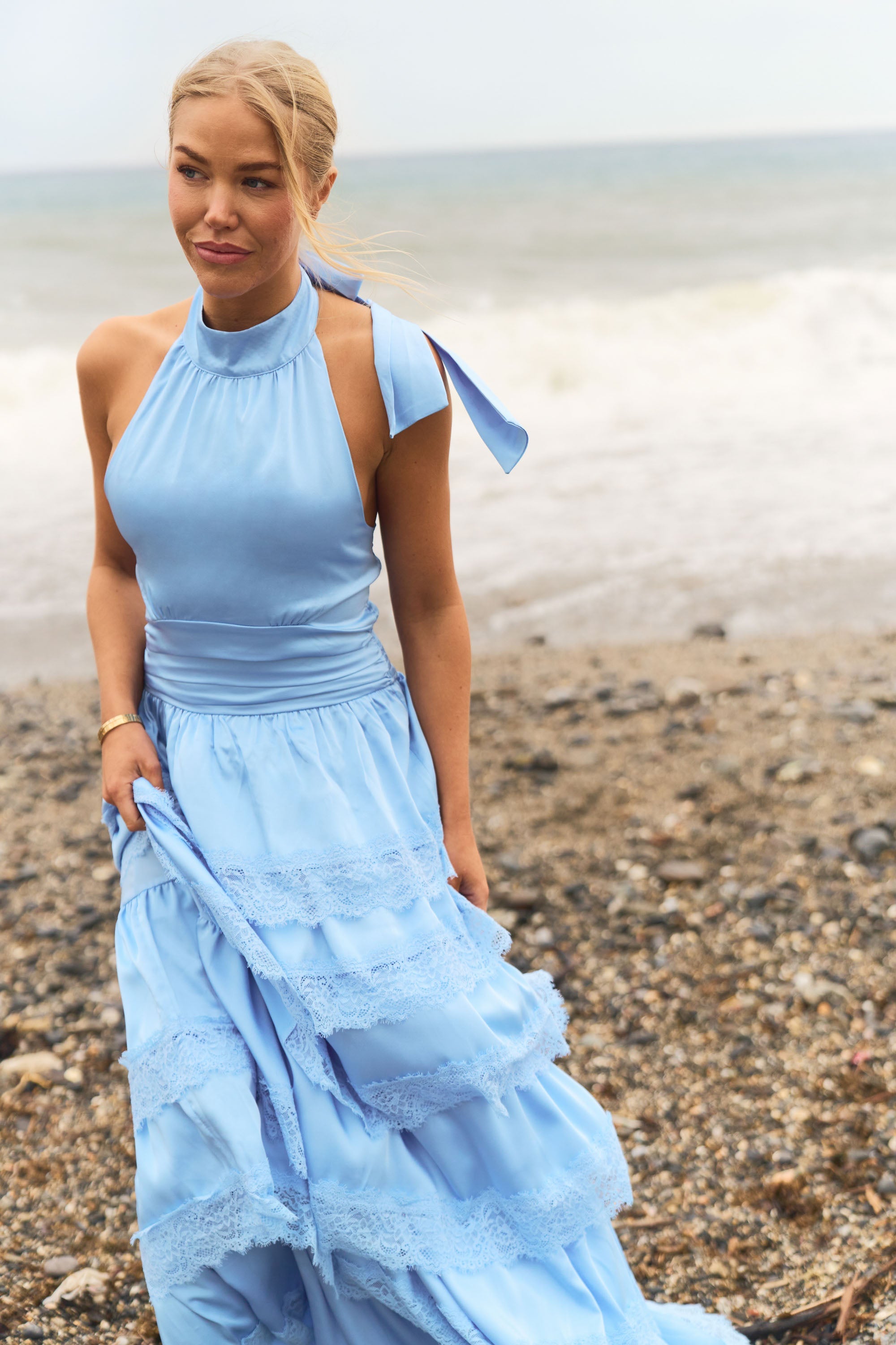 Ingalu Satin Lace Maxi Dress - Light Blue