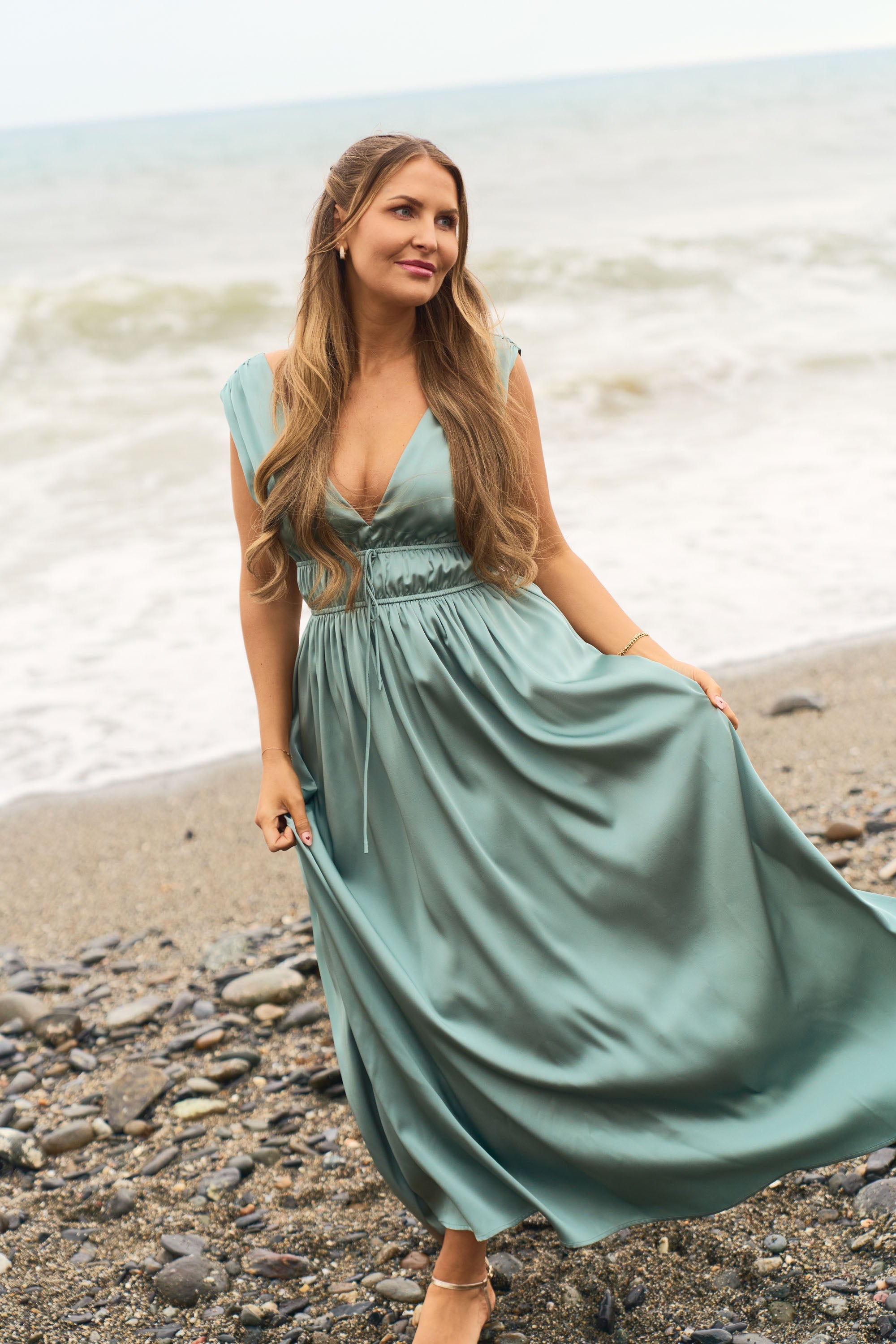 Martine Satin Maxi Dress - Sage Green