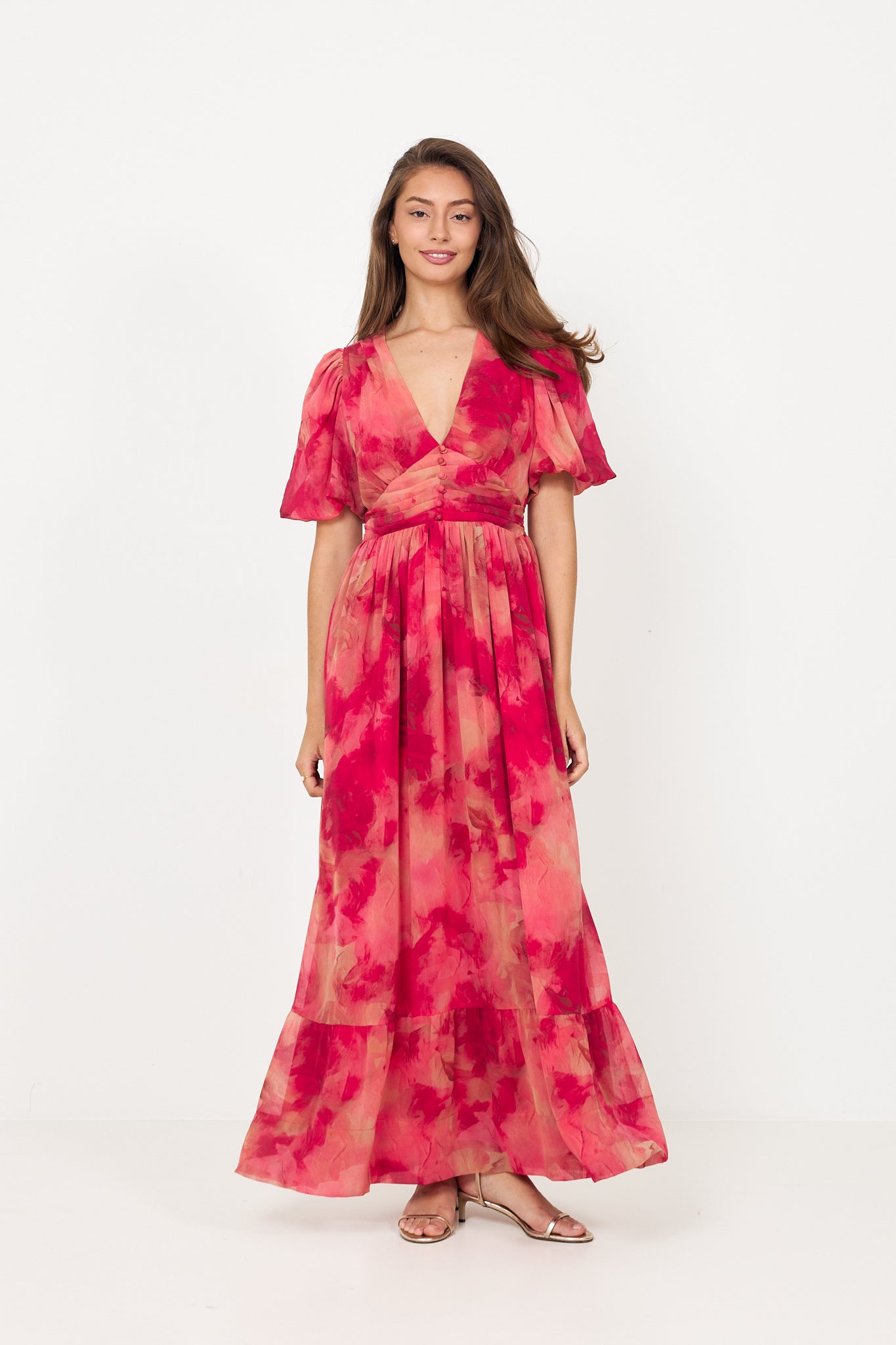 Nordalill Chiffon Maxi Dress - Coral Red