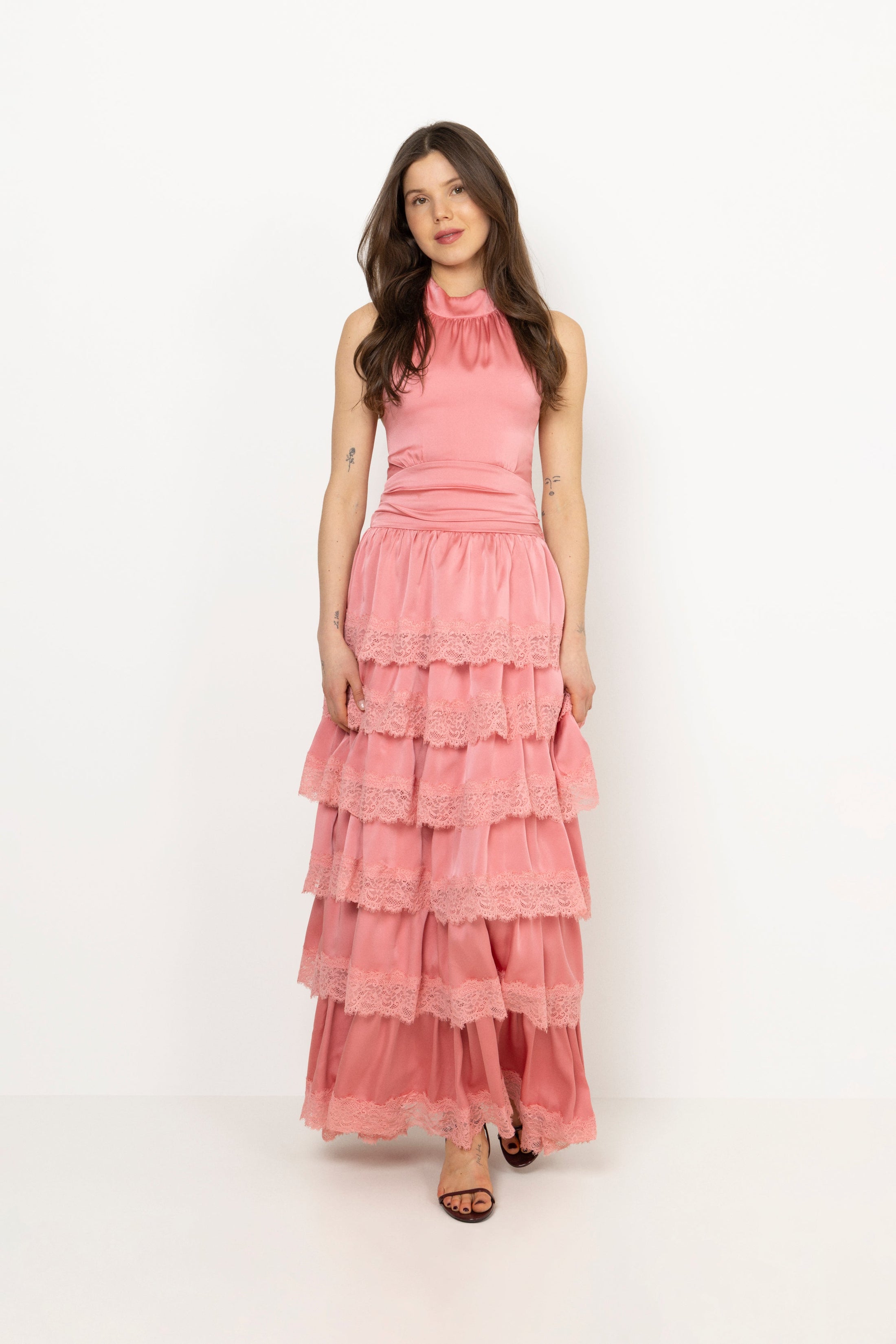Ingalu Satin Lace Maxi Dress - Coral
