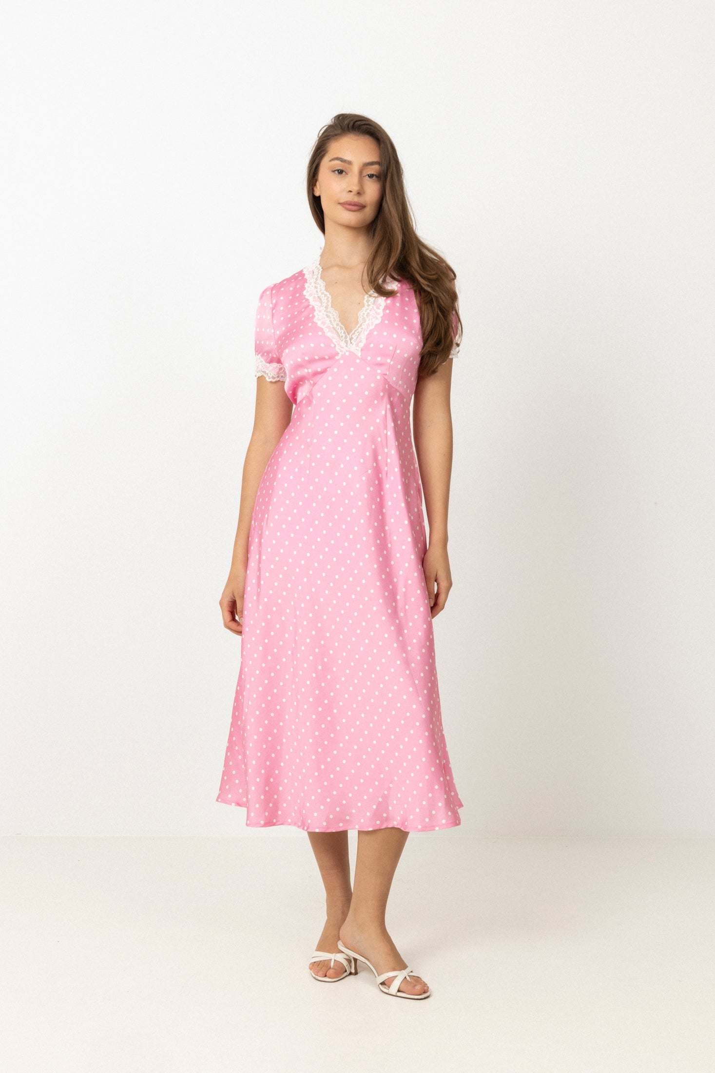 Agnes Dot Satin Midi Dress - Pink