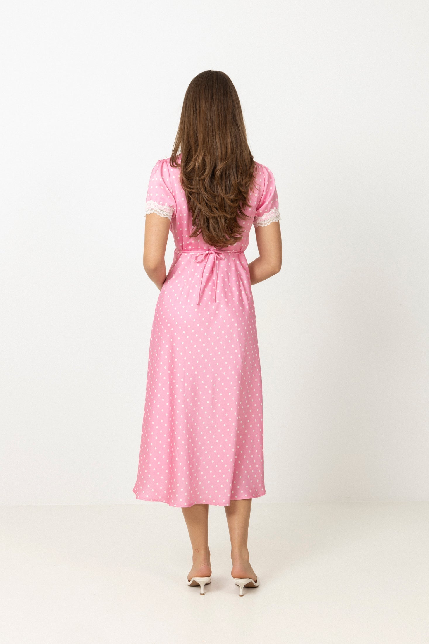 Agnes Dot Satin Midi Dress - Pink