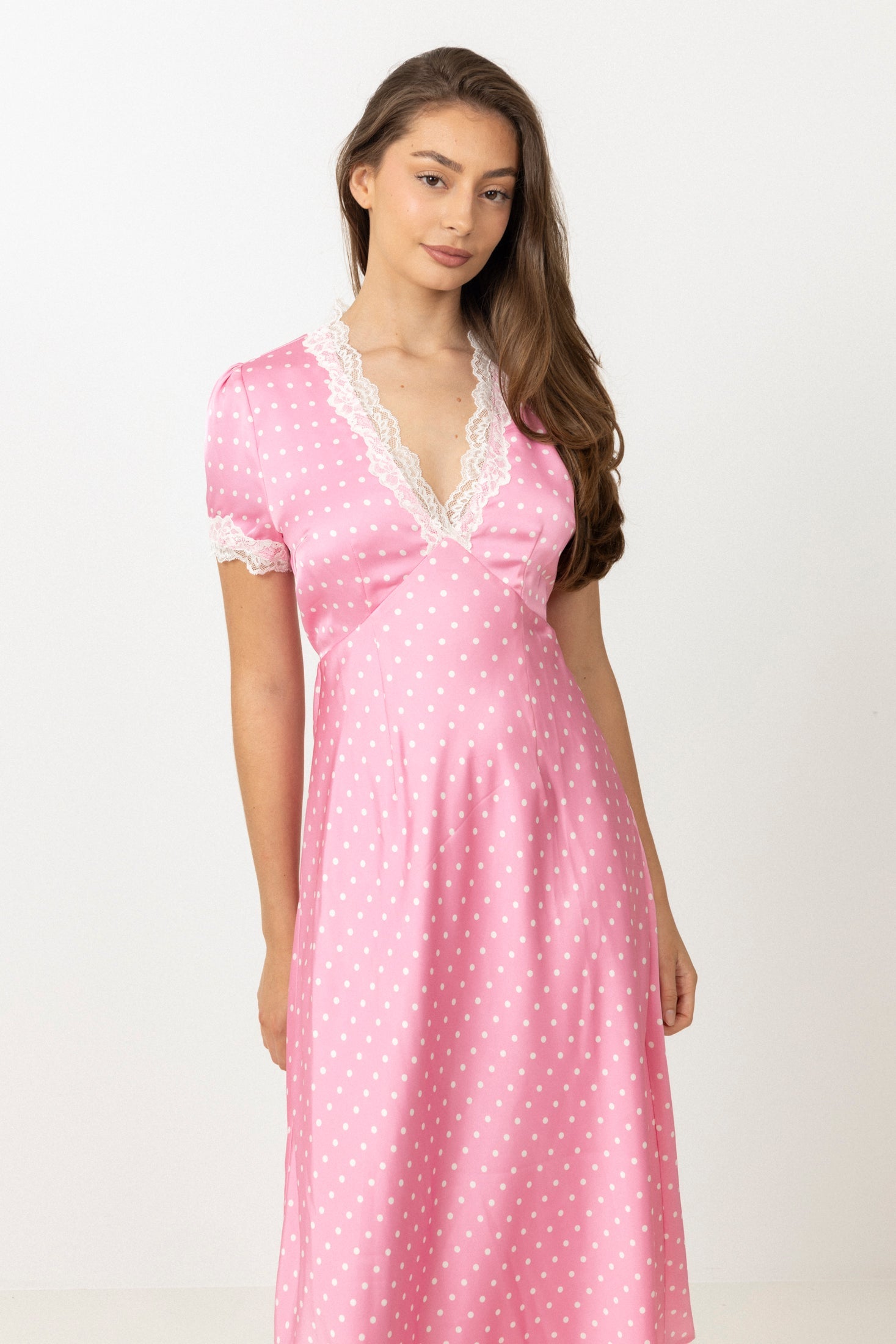 Agnes Dot Satin Midi Dress - Pink