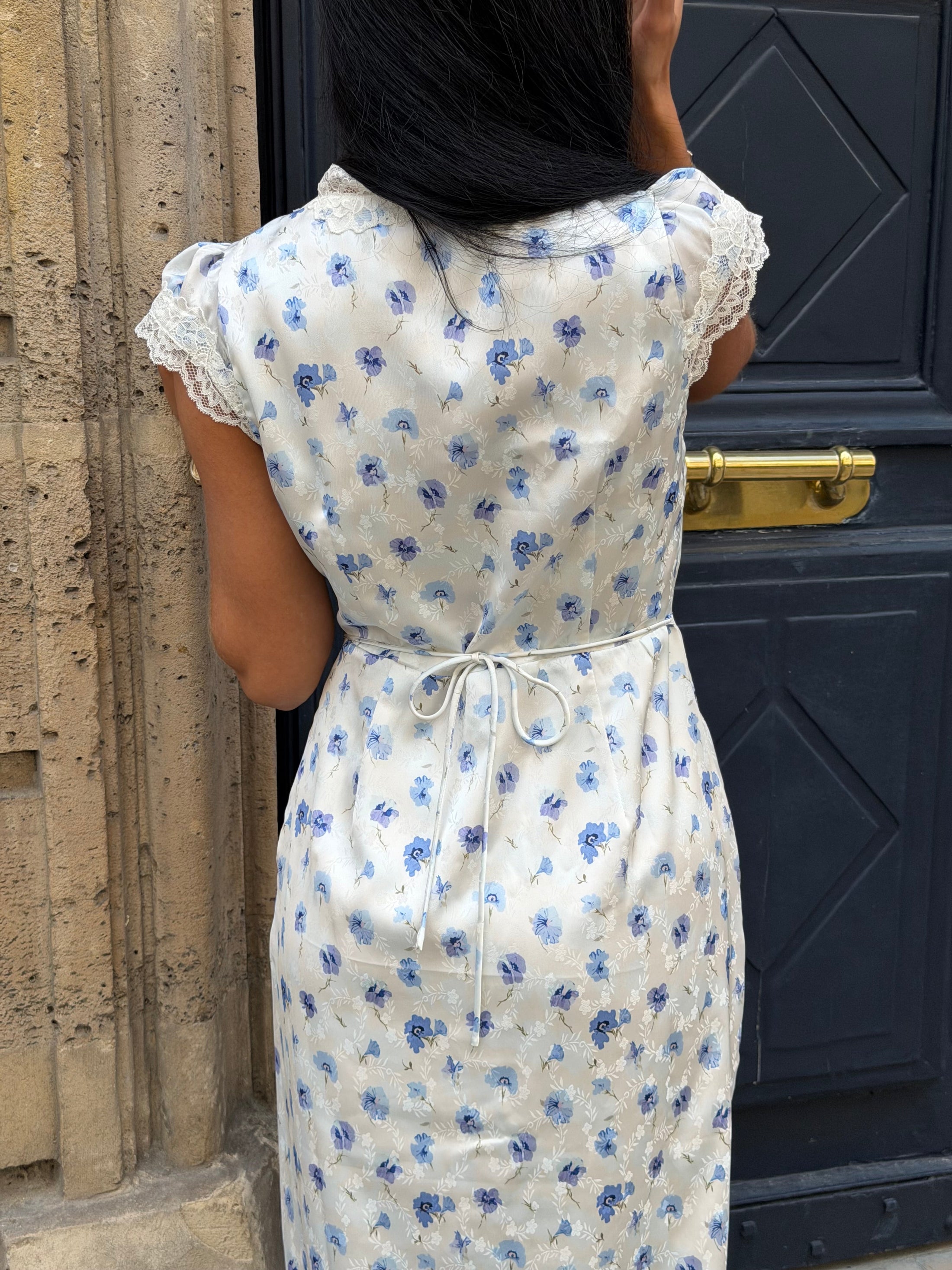 Agnes Satin Lace Dress - Blue Floral