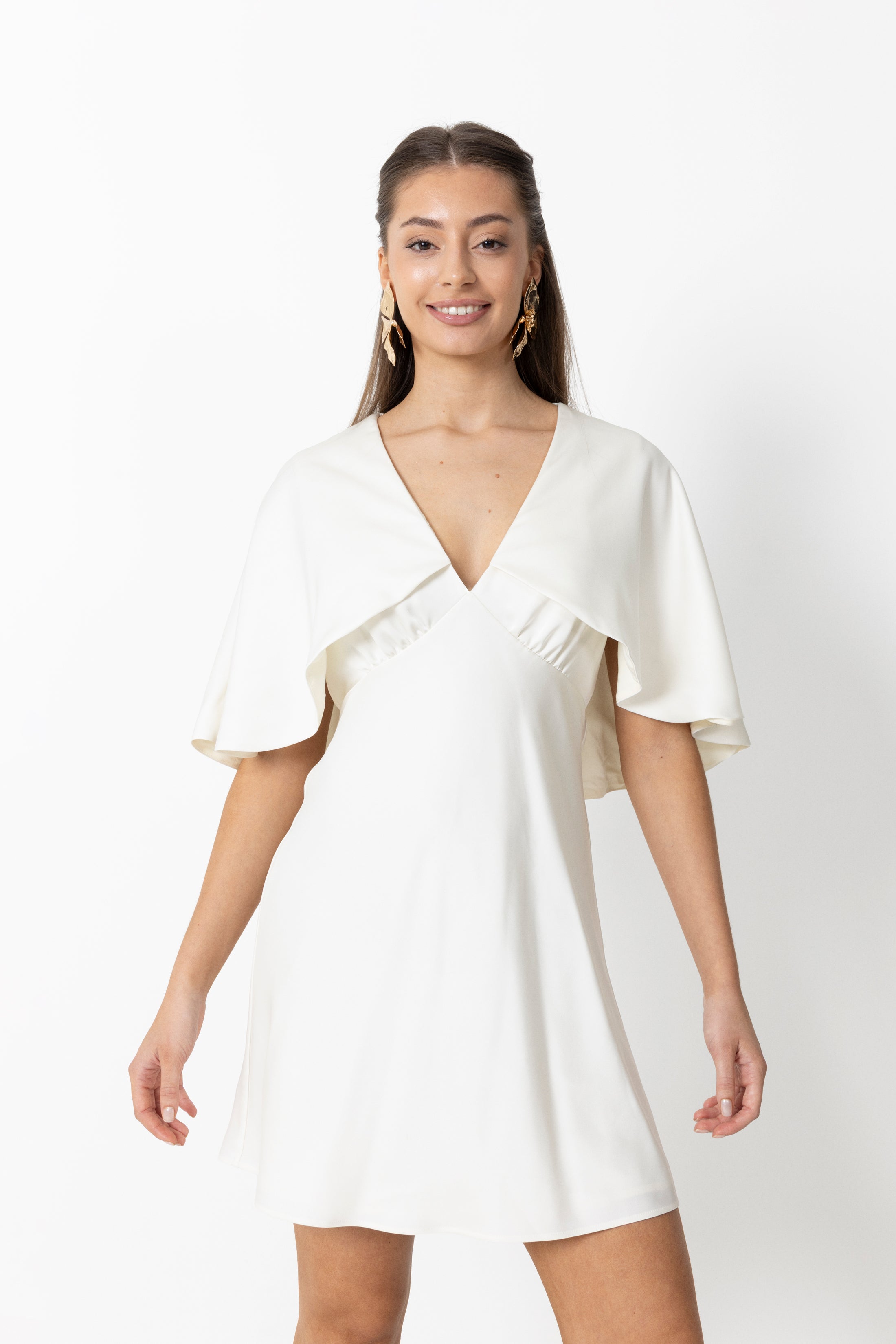 Ariel Satin Cape Mini Dress - Creme