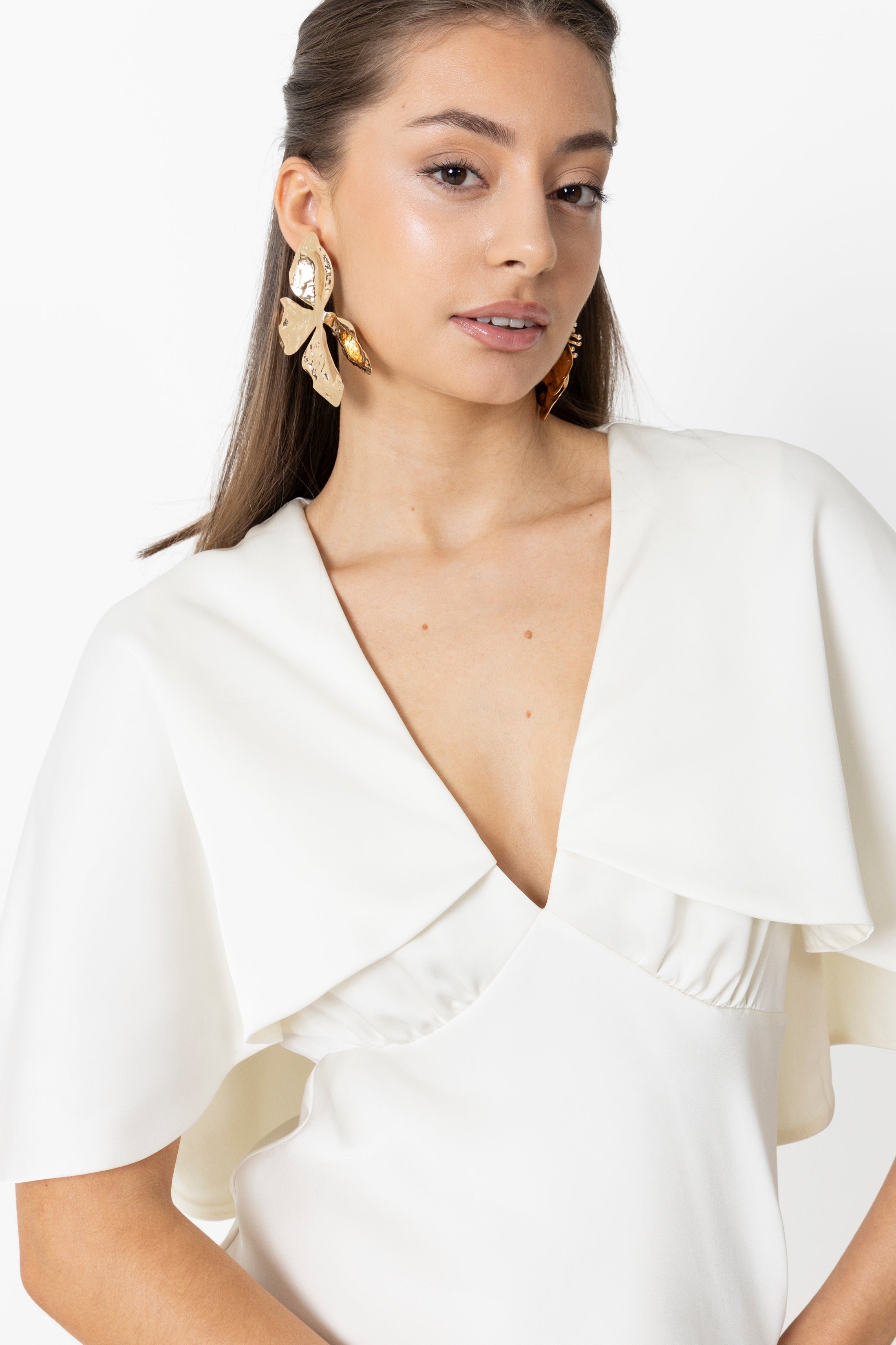 Ariel Satin Cape Mini Dress - Creme
