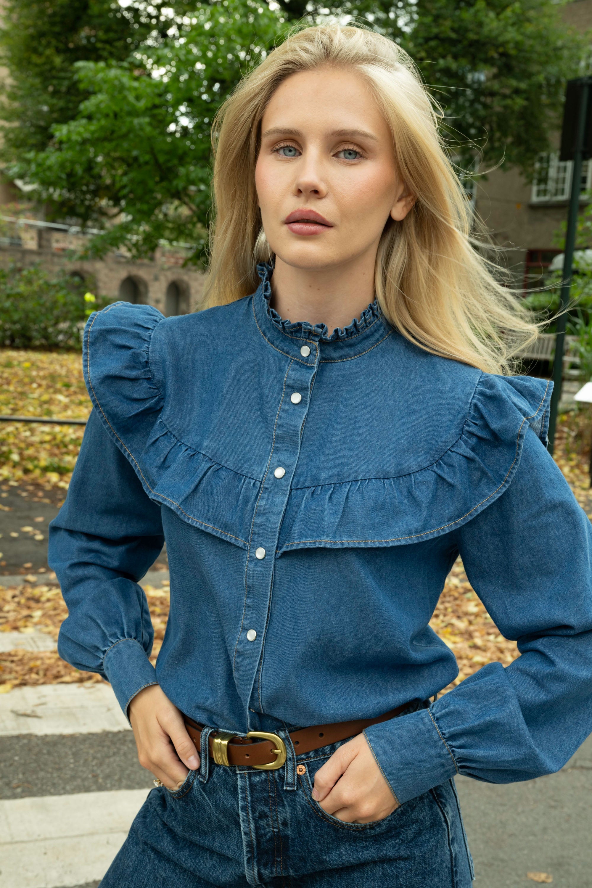 Ragna Denim Ruffle Blouse - Blue