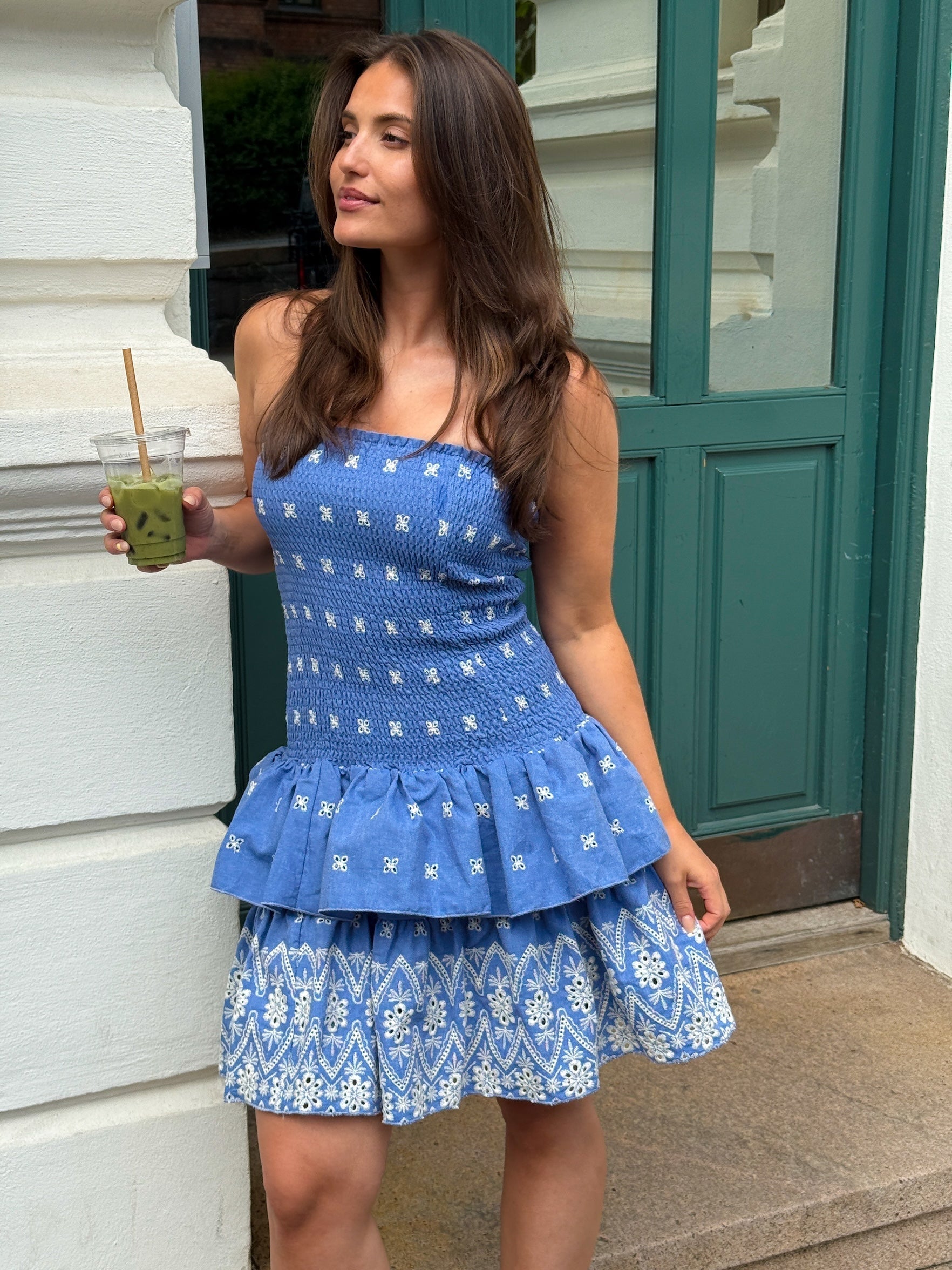 Kanutte Fine Emb Smock Dress - Blue/White