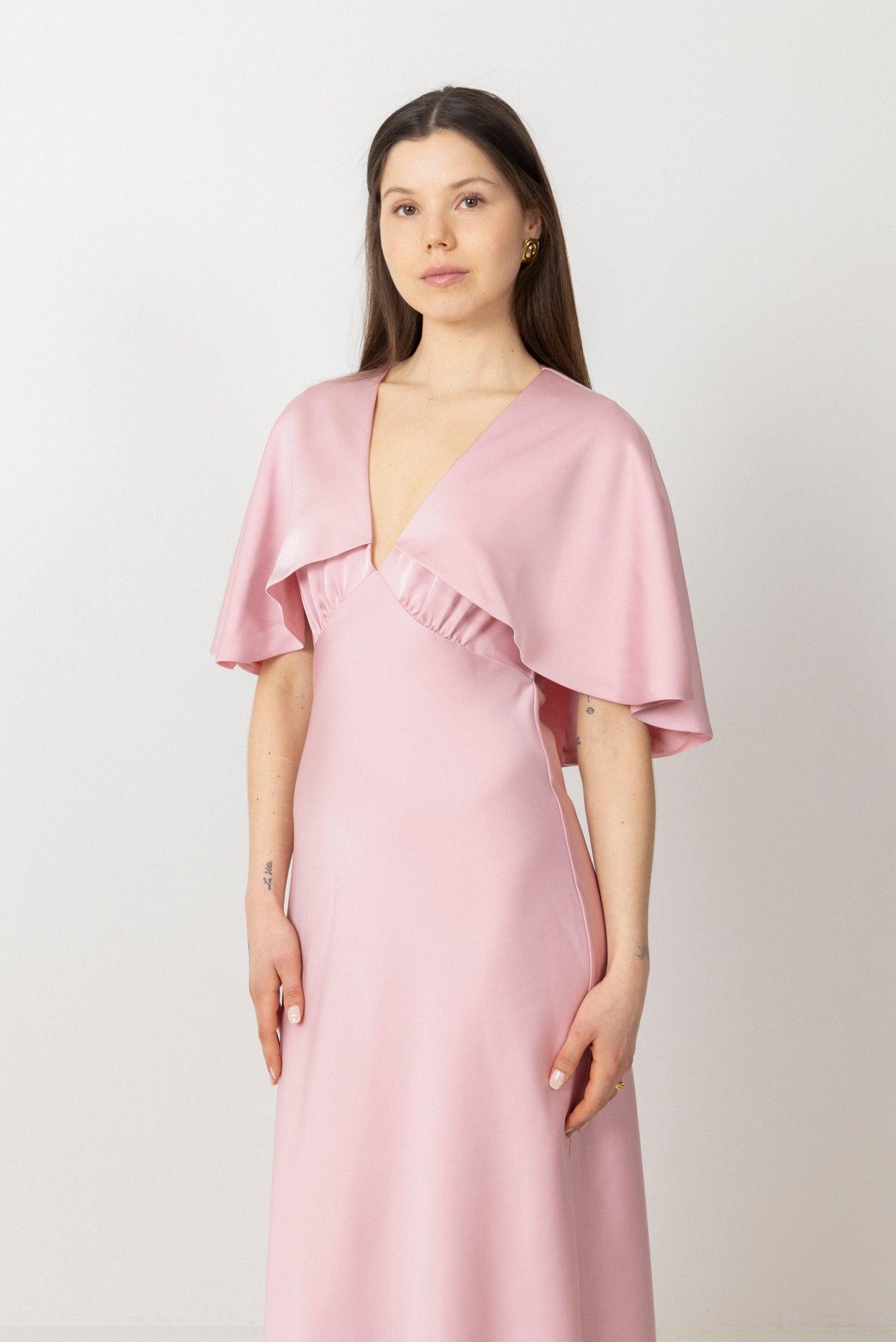 Arielle Satin Cape Maxi Dress - Pink