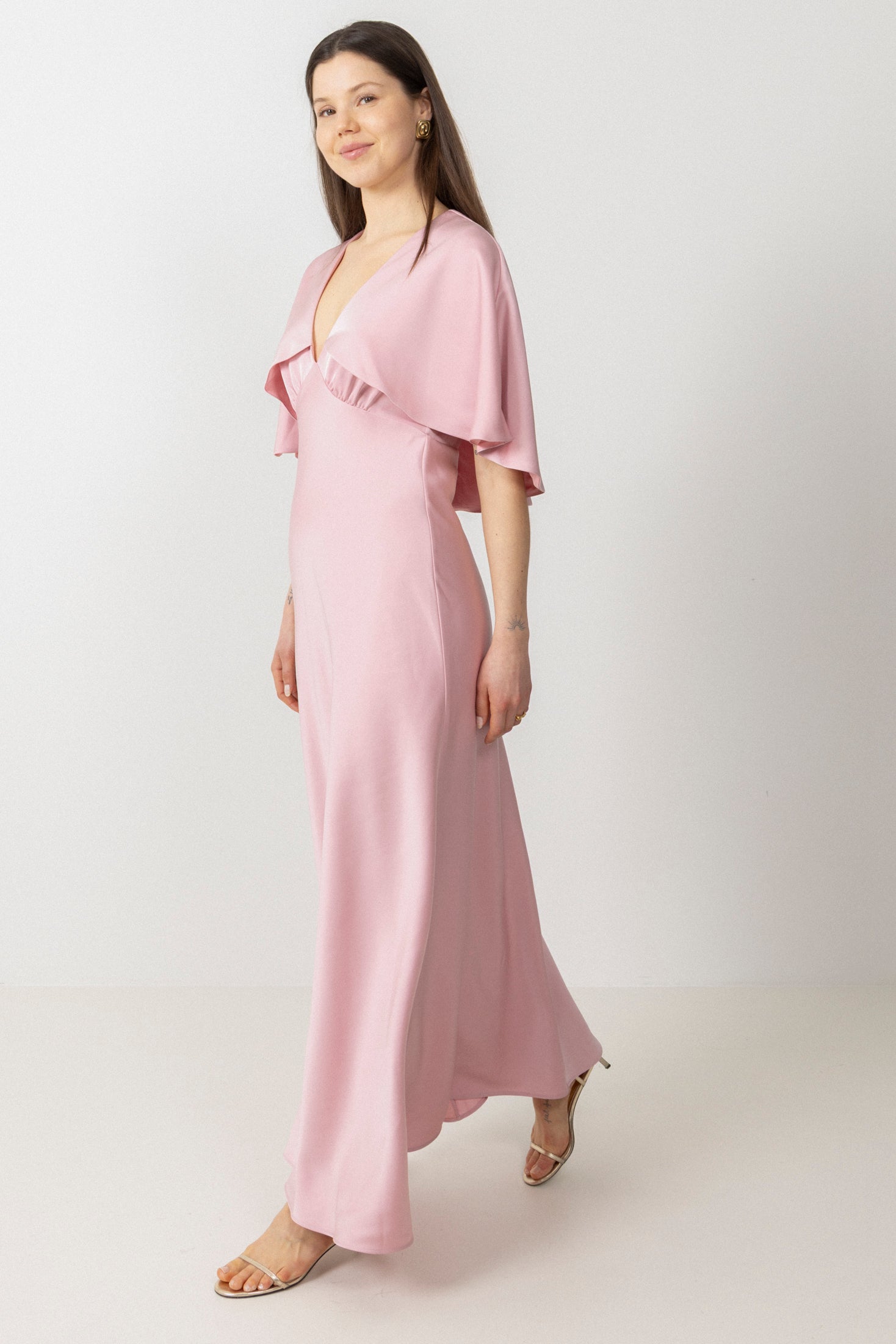 Arielle Satin Cape Maxi Dress - Pink