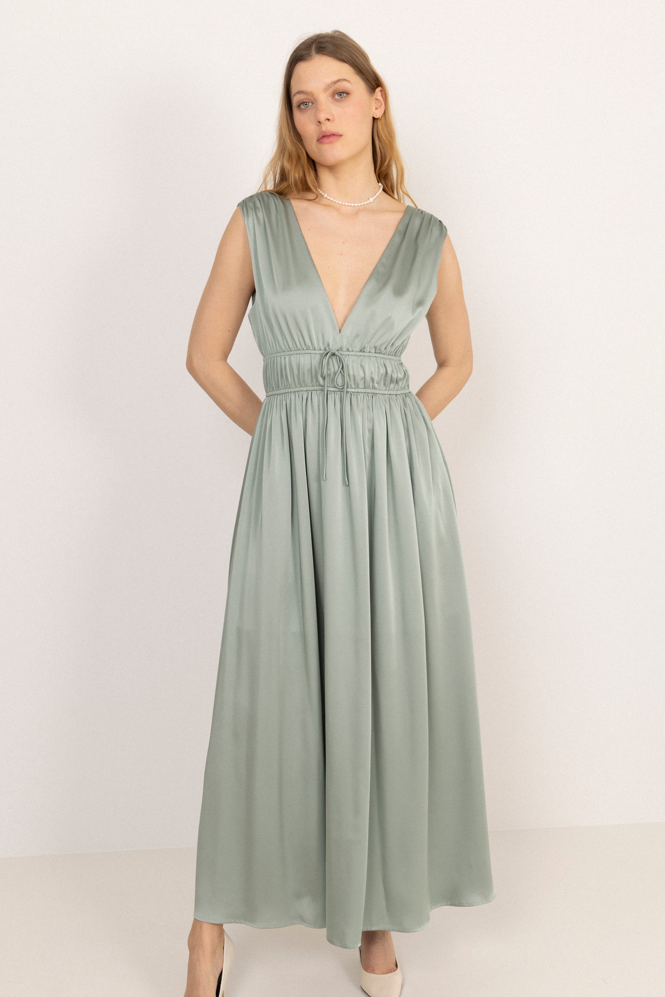 Martine Satin Maxi Dress - Sage Green