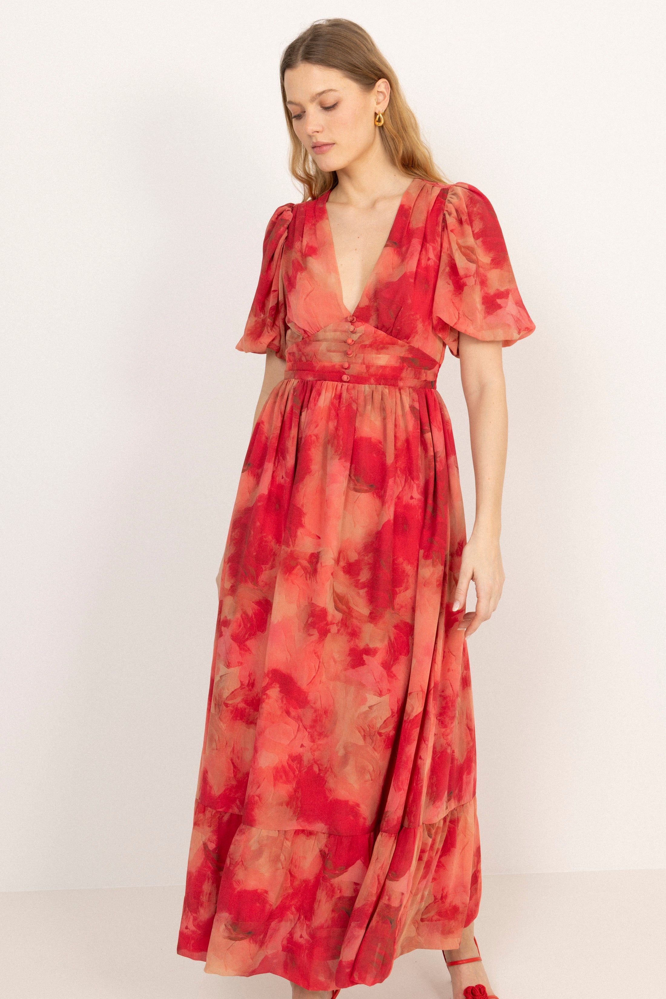 Nordalill Chiffon Maxi Dress - Coral Red