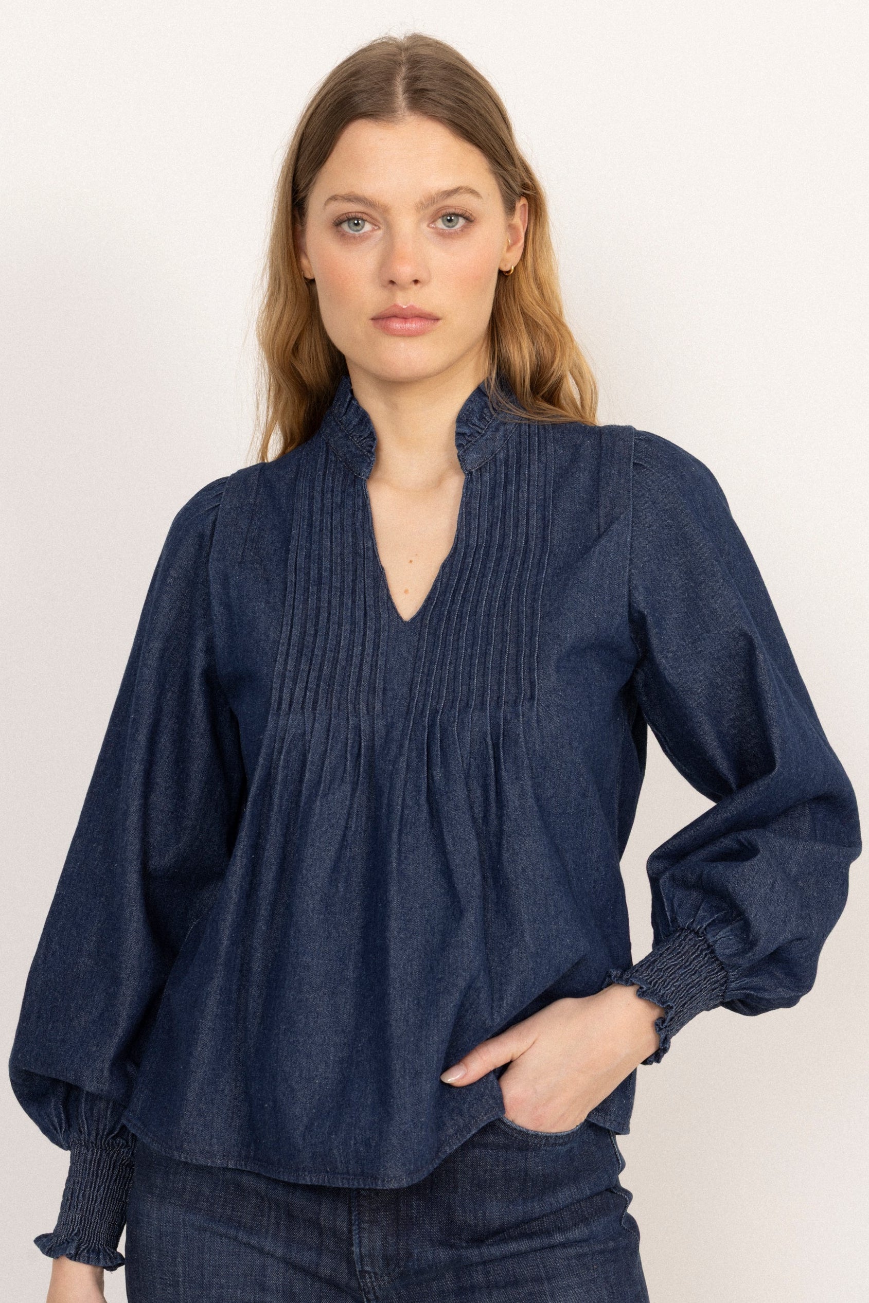 Emma Denim Solid Blouse - Blue