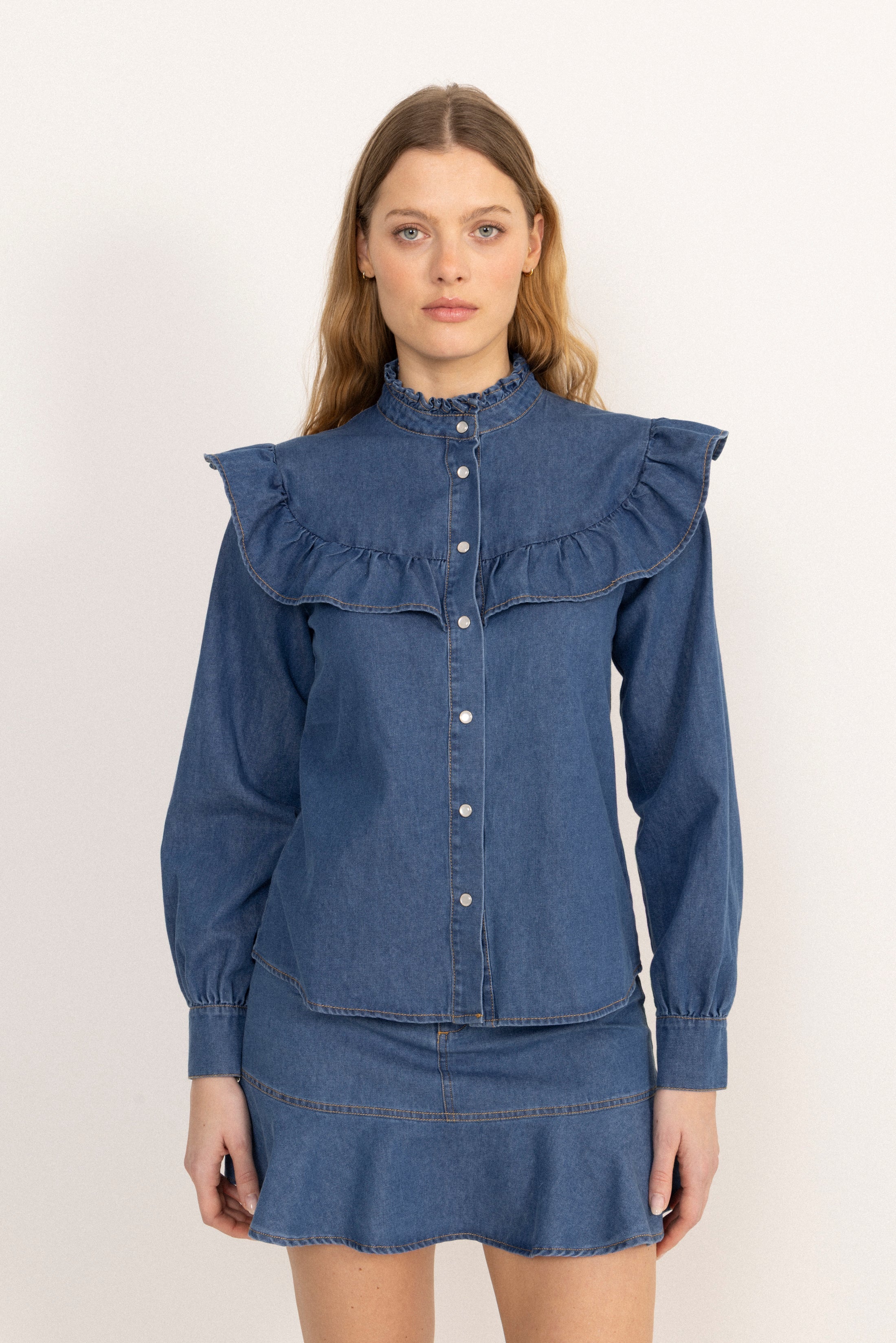 Ragna Denim Ruffle Blouse - Blue