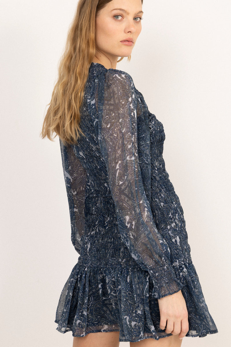 Rira Smock Chiffon Dress - Blue Paisley