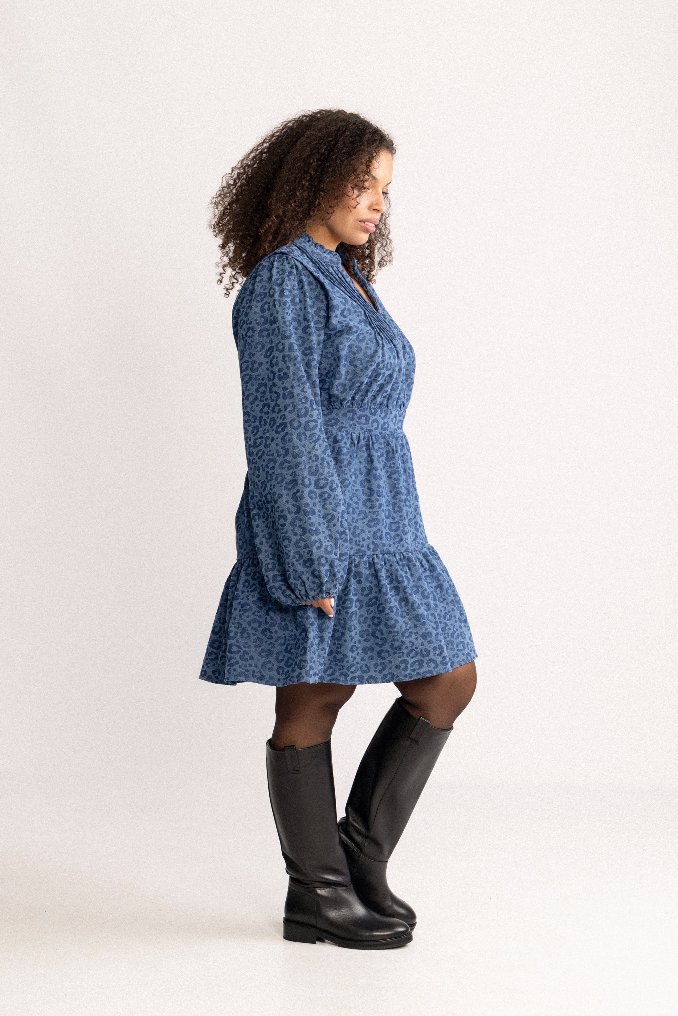 Evina Denim Leo Dress - Blue Leopard