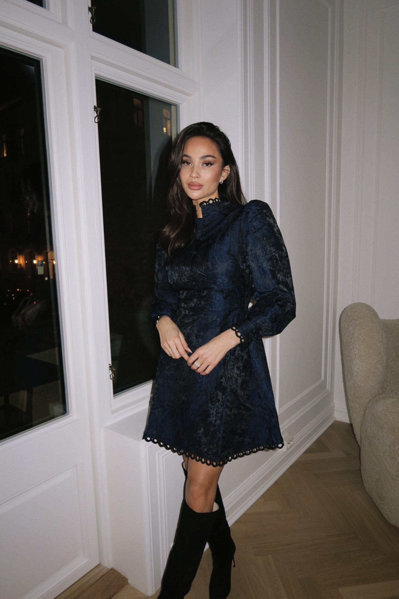 Bergine Brocade Pattern Dress - Dark Navy