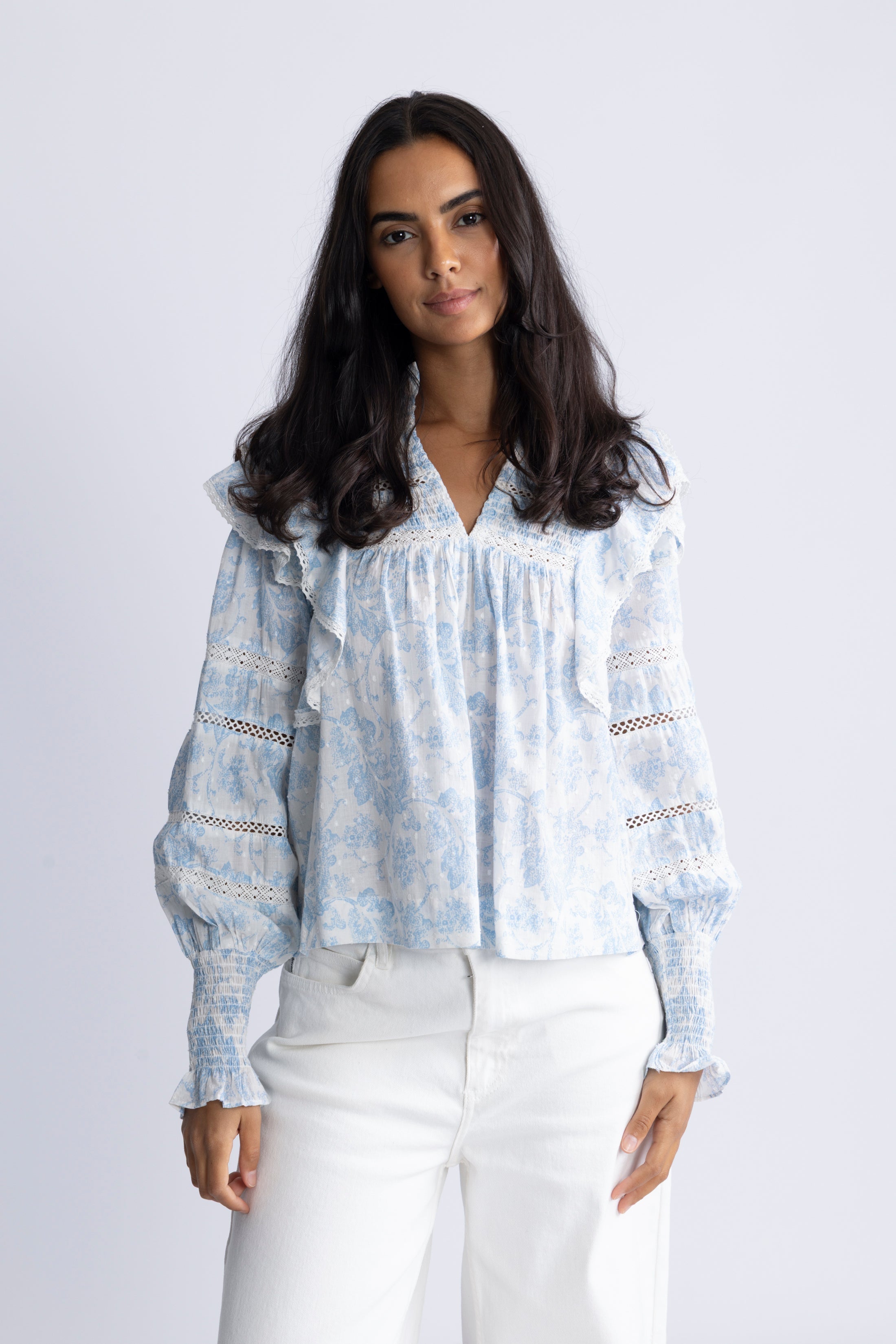Vårun Flower Dobby Blouse - Blue Dobby Flower